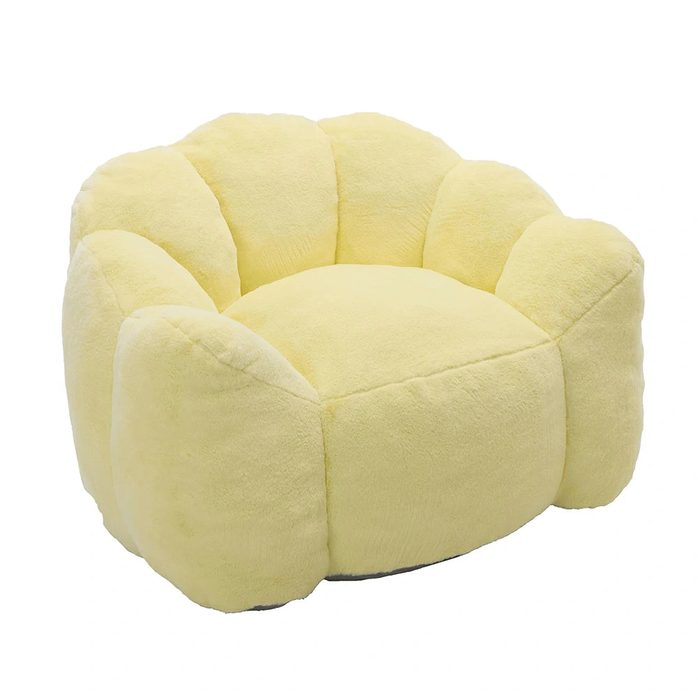 yellow plush lotus-shaped armchair angled view